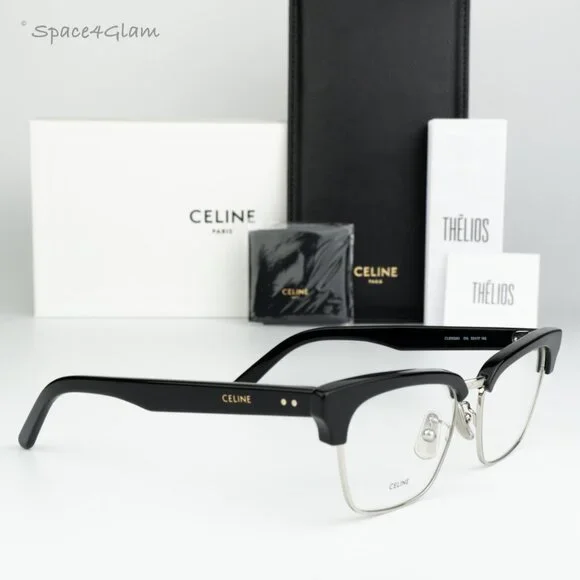 NEW Celine CL50026U 016 Shiny Palladium Black Demo Unisex Square Eyeglasses